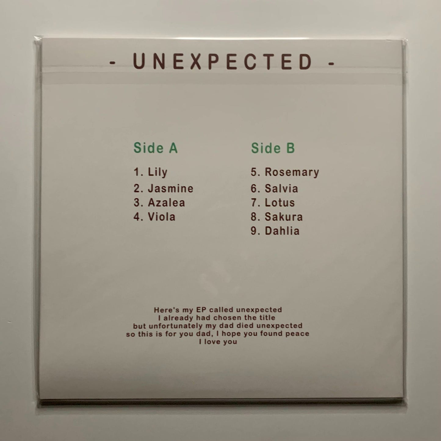 Eevee Unexpected Album White Vinyl Back of Cover